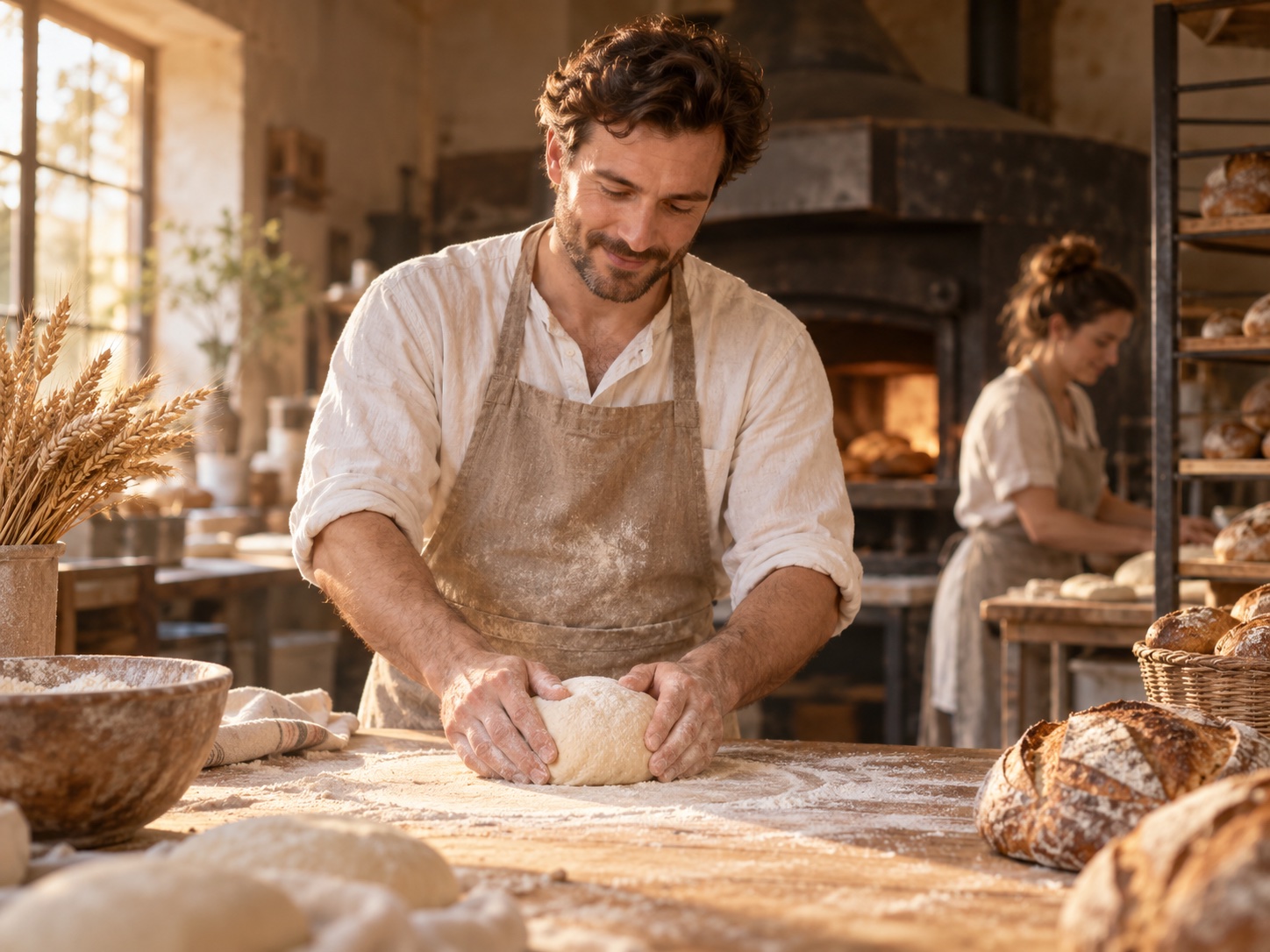 Un artisan boulanger façonne la pâte dans son atelier