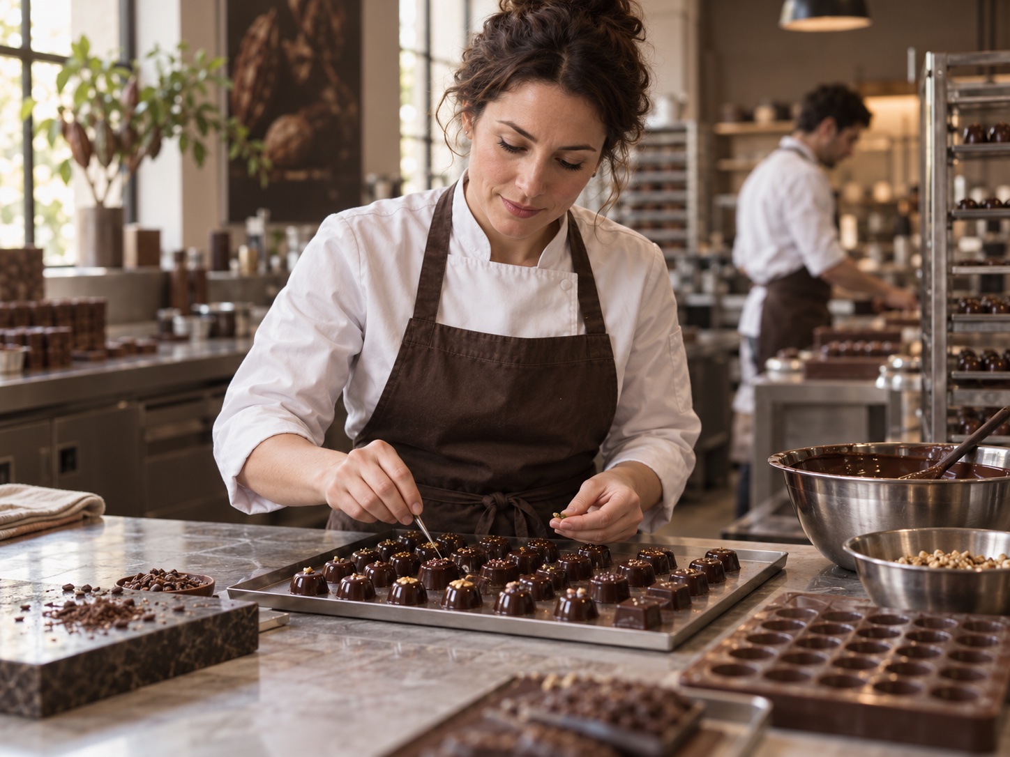 Une chocolatière prépare des bonbons dans son laboratoire
