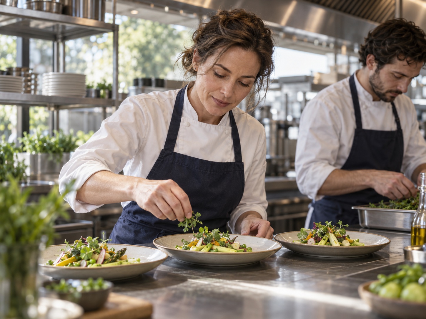 Une cheffe et sa brigade préparent le service en cuisine