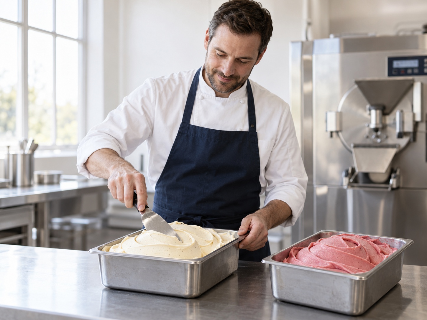 Un artisan glacier travaille la texture d’une glace vanille dans son laboratoire, à côté d’un sorbet framboise